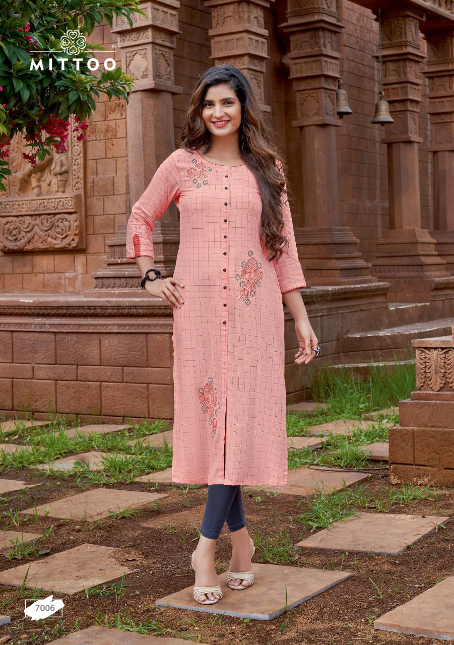 Mitttoo Triveni Ethnic Wear Rayon Checks Work Designer Kurti Collection